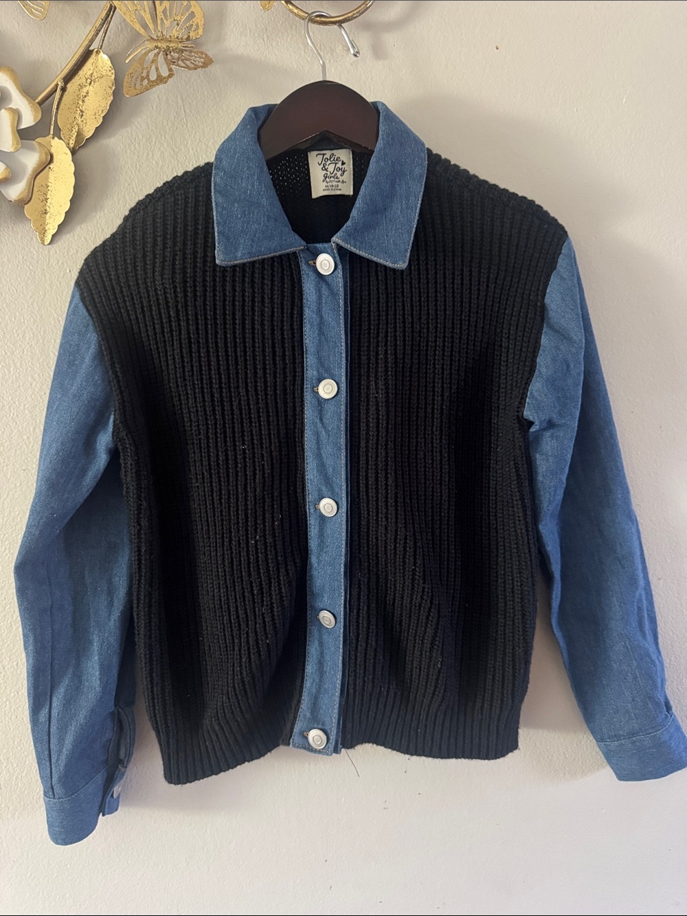 Taylor & Sage Black Knit Cardigan with Blue Corduroy Details